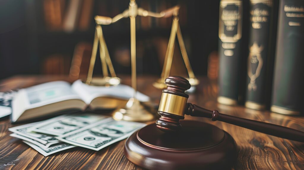 a judge's gavel, scale of justice, US dollars, and law book on a table financial legal consequences like bail - How To Post Bail in Wichita - Air Capital Bail Bonds in Wichita, Kansas